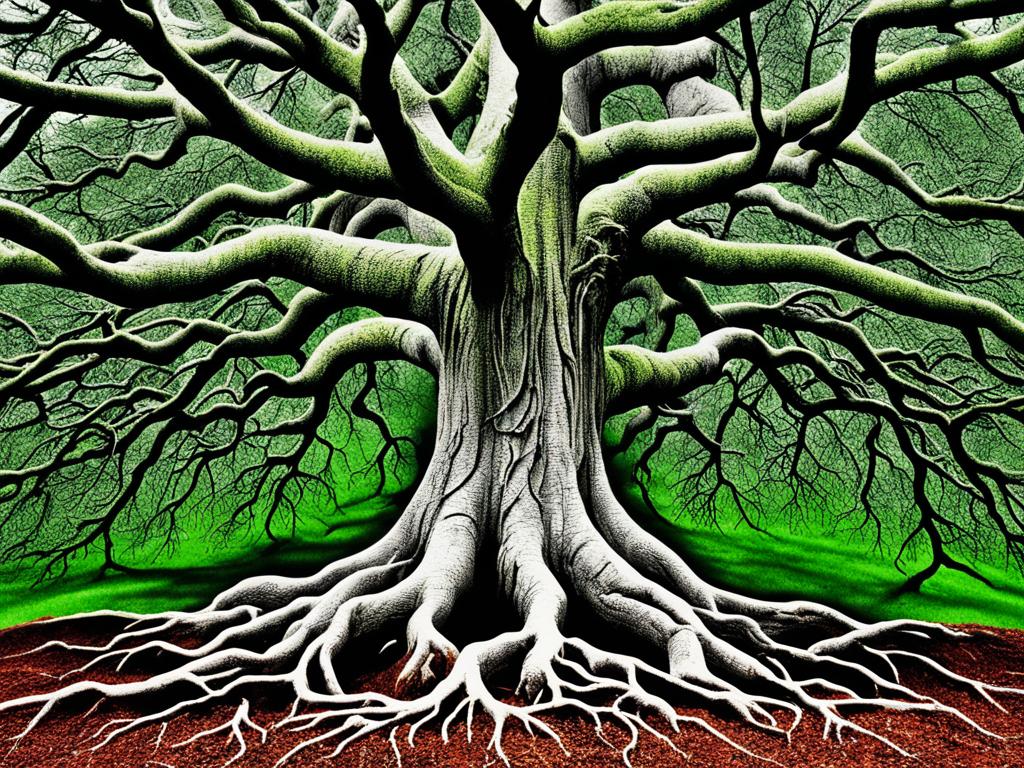 An image of a tree with roots that spread deep into the ground, representing the foundation of knowledge. Branches are shown growing outwards and branching off into different directions, with each branch representing a different area of knowledge. Colors are used to differentiate between the branches, showing how they connect and overlap with one another. In the background, shows different symbols and images that various fields of knowledge, such as mathematics, science, literature, and history. The overall image conveys the interconnectedness of knowledge and how it can be represented through a diverse range of subjects and disciplines.