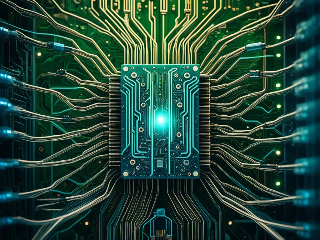 An image of an abstract machine-like entity made up of circuit boards and wires, emanating a glow of blue and green hues to represent the sophisticated and complex nature of Artificial Intelligence.