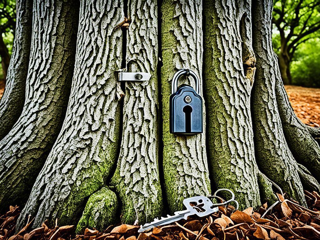 An image of a strong and sturdy oak tree, rooted firmly in the ground with its branches stretching outwards. At the base of the tree, there is a small lockbox with a keyhole. The image conveys a sense of security and trust.