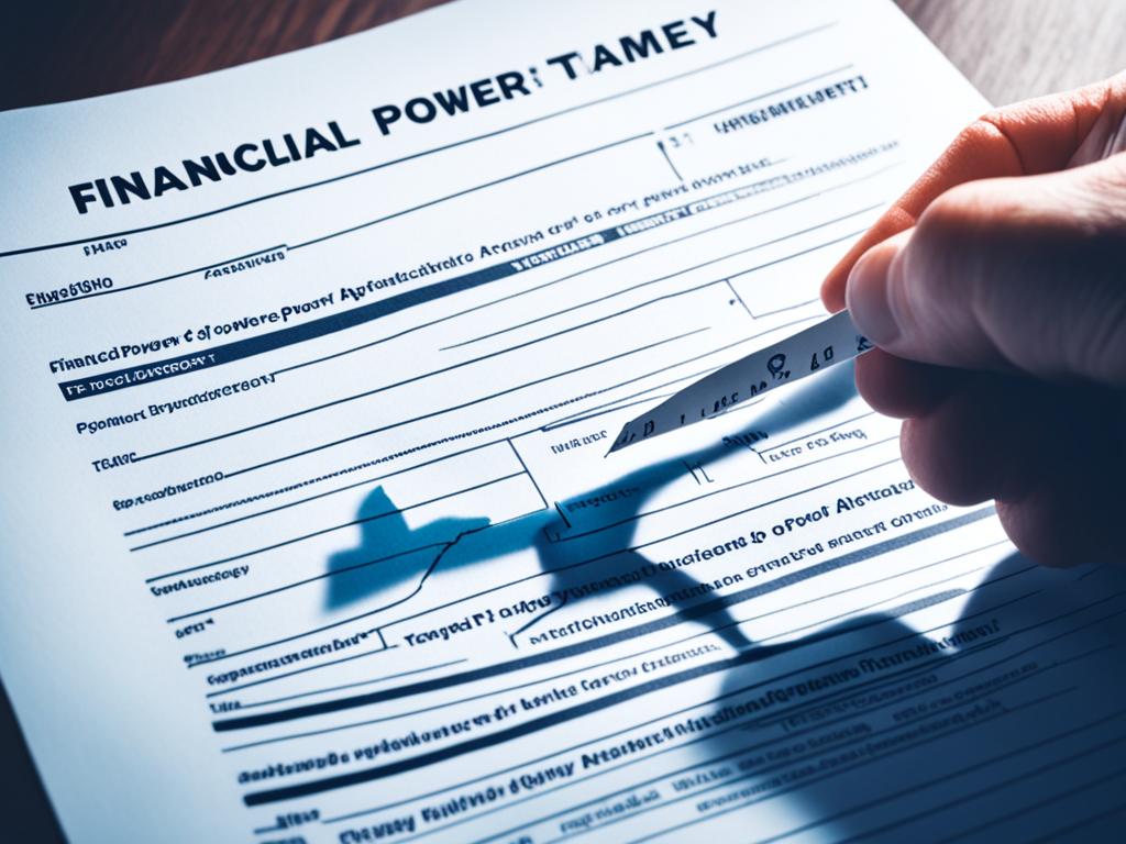 A hand holding a torn piece of paper with the words "Financial Power of Attorney" crossed out. In the background, a shadowy figure represents the revocation and modification of the document.