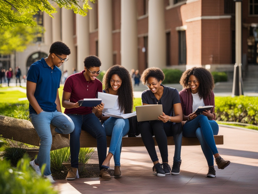 An image of a diverse group of students studying and engaging in activities on the campuses of some of the top public universities in the United States. The scene showcases the beauty of the campuses, with iconic buildings and natural elements such as trees and gardens in the background. The students are shown to be enjoying their academic pursuits, such as reading, conducting research, and working on team projects. The atmosphere exudes a sense of energy, enthusiasm, and community spirit that comes with being part of these exceptional universities.