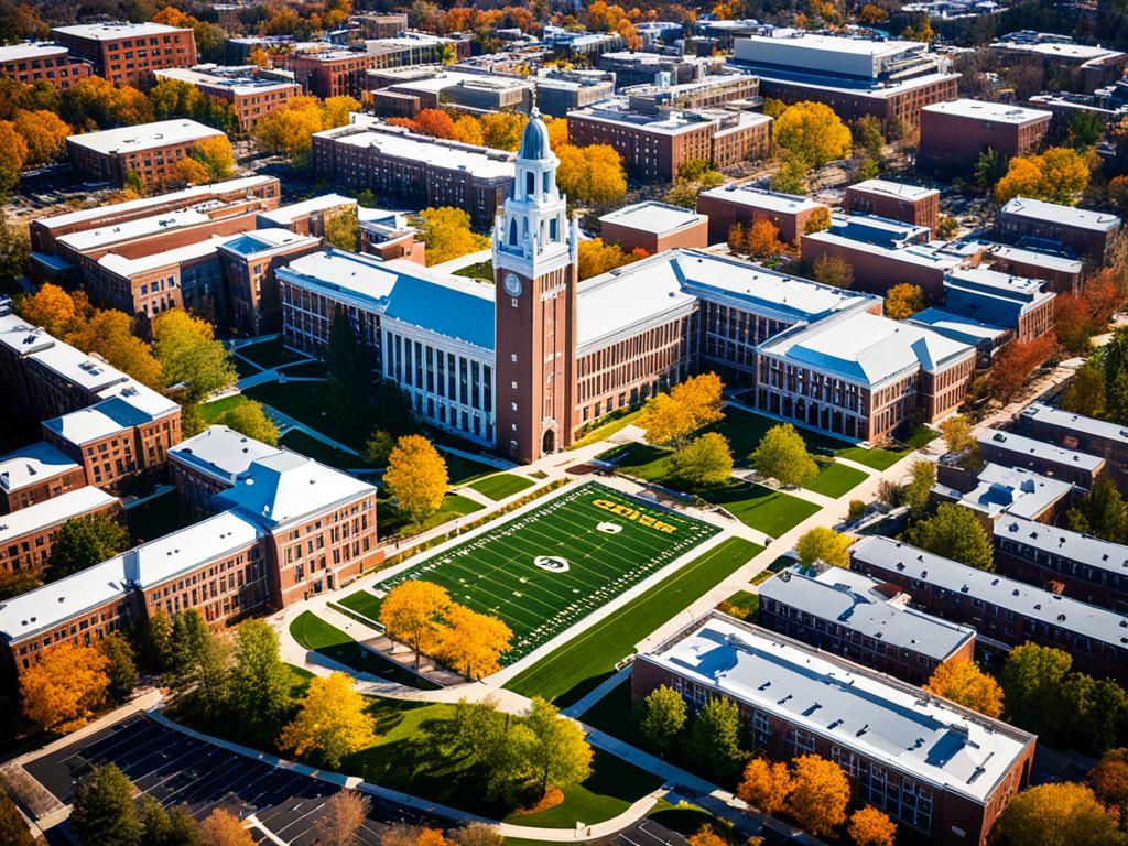 An aerial view of several iconic university campuses in the USA, including their prominent buildings and landmarks. Warm color palette is used to convey a sense of prestige and excellence. The image places the universities in a strategic layout to emphasize their competitive ranking and proximity to one another.