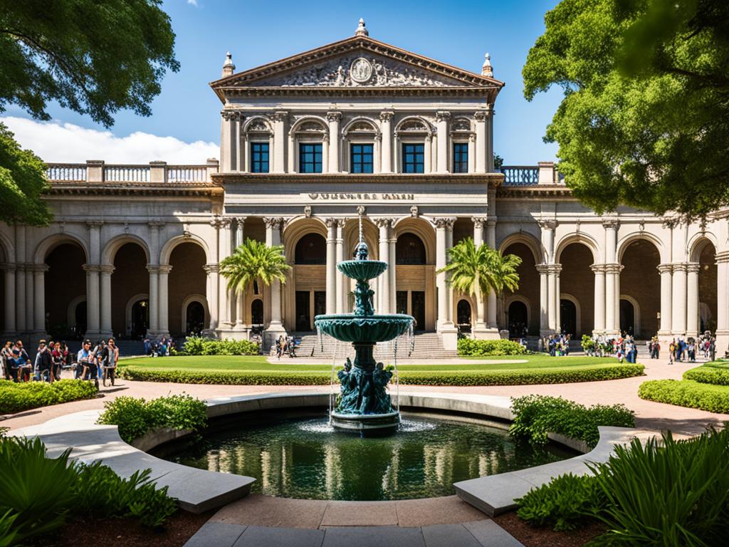 An image of a grandiose building surrounded by lush greenery, with students walking outside in small groups. It includes a fountain in the center of the scene, with the university's crest prominently displayed nearby. The architecture conveys elegance and tradition, with columns, archways, and sophisticated details. The image emphasizes the importance of fostering a well-rounded education. It highlights the university's commitment to academic excellence by including an ivy-covered wall to signify prestige.