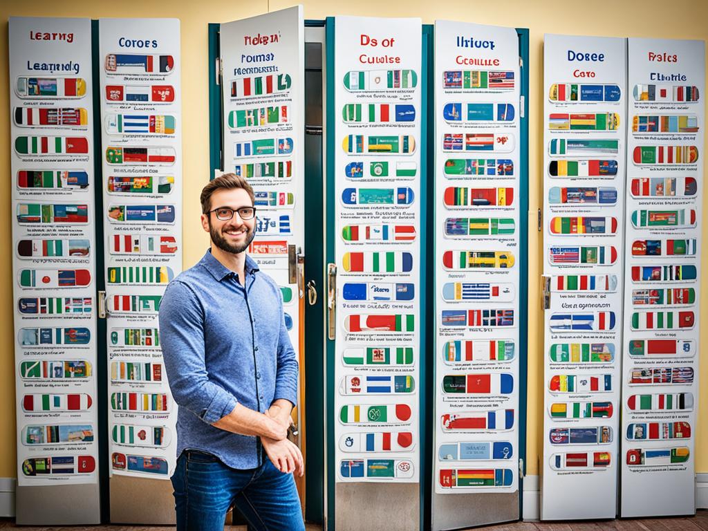 An image of a young man standing in front of multiple doors, each labeled with different languages, symbolizing the numerous opportunities and cultural understanding that come with learning a new language. The man has a curious expression, looking forward to exploring the various worlds behind each door. Behind the doors, there are vibrant representations of each language's culture, such as landmarks. The overall tone of the image is bright and welcoming, indicating that learning a new language is an enriching experience.