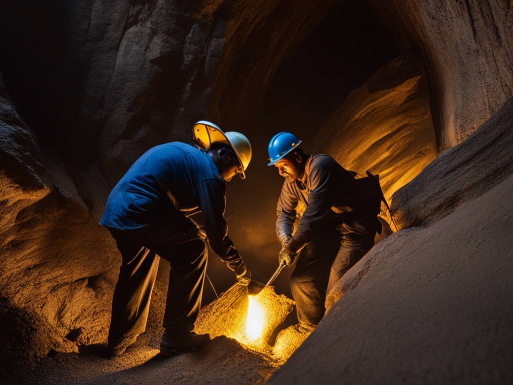 A deep underground tunnel illuminated by dim lanterns, with miners digging into the rocky walls to extract raw gold ore. The tunnel is supported by wooden beams and shrouded in dust and shadows, giving a sense of the dangerous and difficult work involved in gold mining. In the background, a faint glimmer of gold can be seen in the rock, emphasizing the preciousness of this metal and its economic significance.