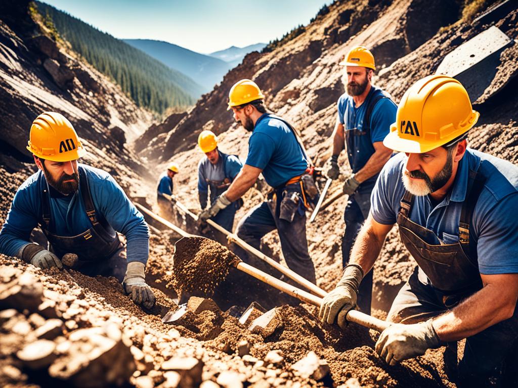 A group of miners digging deep into a rocky hillside, using pickaxes and shovels to extract veins of glittering gold ore from the earth. The miners are dressed in rugged work clothes and hard hats, their faces smeared with dirt and sweat as they toil under the bright sun. In the background, a massive pile of rocks and debris looms, evidence of the grueling labor required to extract this precious metal from the ground. The scene is framed by rolling hills and tall trees, a testament to the determination and ingenuity of humanity in the pursuit of wealth and progress.