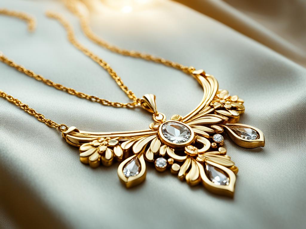 An image of a golden necklace draped over a velvet cloth, catching the light in a way that highlights its sophisticated details and delicate chain.