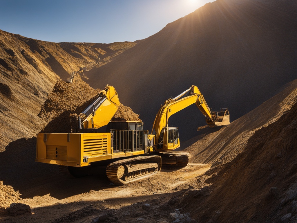 An excavator digging into a rocky mountain, revealing a glimmering vein of gold's ore. The sun is shining brightly overhead, casting long shadows on the rugged terrain. The scene exudes a sense of hard work and the thrill of striking it rich.