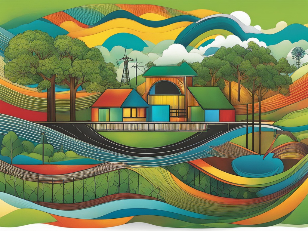 An image of interconnected systems working together to support sustainable development. It includes elements such as renewable energy sources, conservation practices, equitable access to education and resources, and community involvement in decision-making processes. Vibrant colors and fluid lines are used to emphasize the dynamic nature of sustainable development.