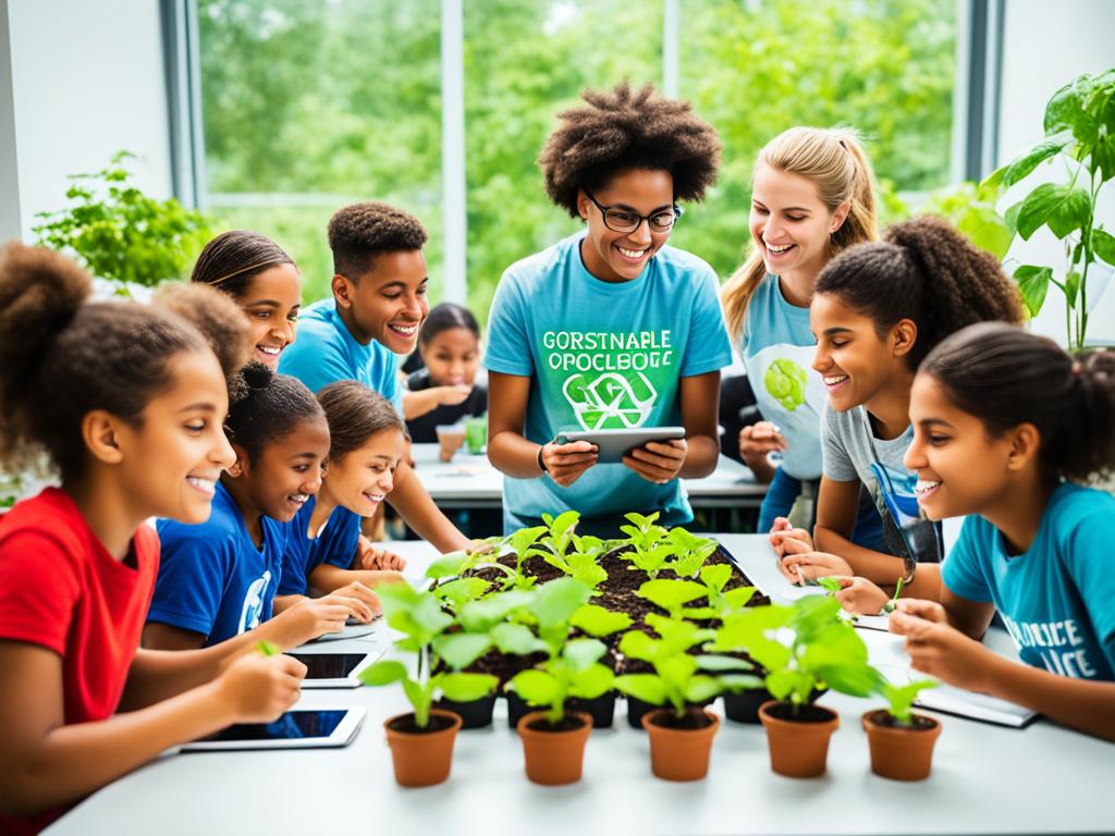 The image shows a diverse group of students in a bright, modern classroom engaged in activities like gardening, recycling, and exploring renewable energy. They use tablets and participate in discussions and hands-on projects.