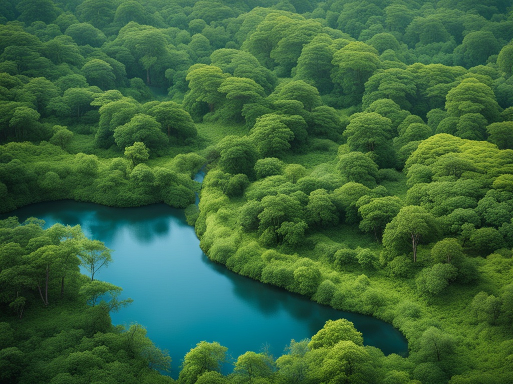 An image that shows a lush forest with diverse flora and fauna thriving in its ecosystem, with clear blue sky above and a clean river flowing through it.The image conveys a sense of harmony between humans and nature, and the importance of environmental protection.