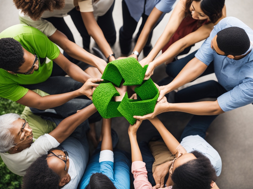 A group of people working together to protect the environment and promote sustainability. The image conveys a sense of community and shared responsibility for taking care of the planet.