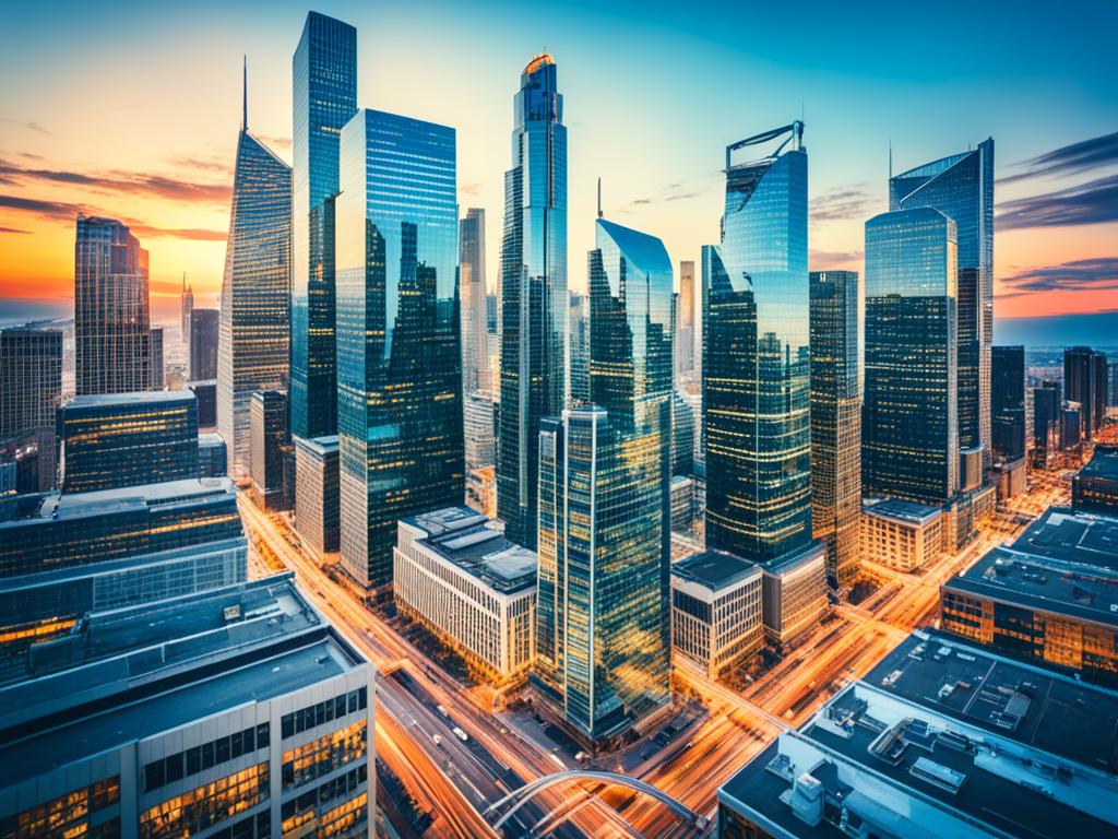 A bustling city skyline with tall skyscrapers and a busy street, showcasing economic growth's energy. Vibrant colors and sharp lines highlight sleek, modern architecture, with buildings representing banking, technology, and manufacturing. Set during the day under a clear blue sky, the image conveys urgency, progress, and the potential for growth through sustainable development goals.