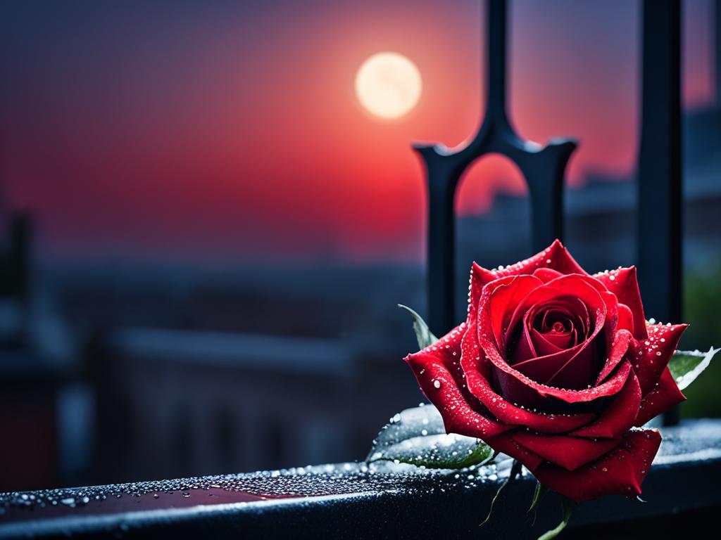 A picture of a red rose flower on a balcony