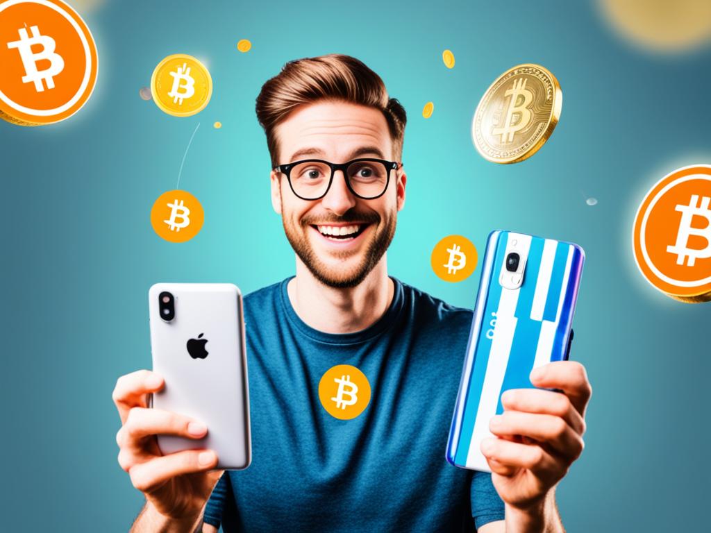 A picture of a young man holding two smartphones and smiling, the image has a background of bitcoins