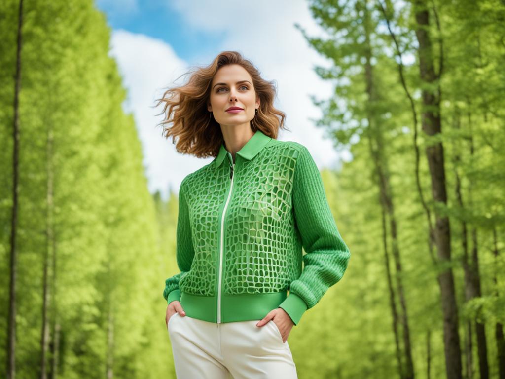 A picture of a female model putting on a green shirt and a white trousers on an outdoor