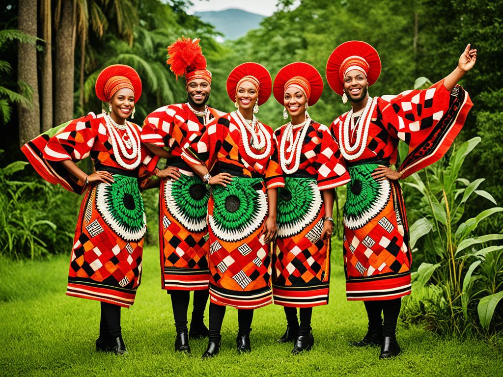 A picture of 5 women dressed in Nigerian traditional outfits