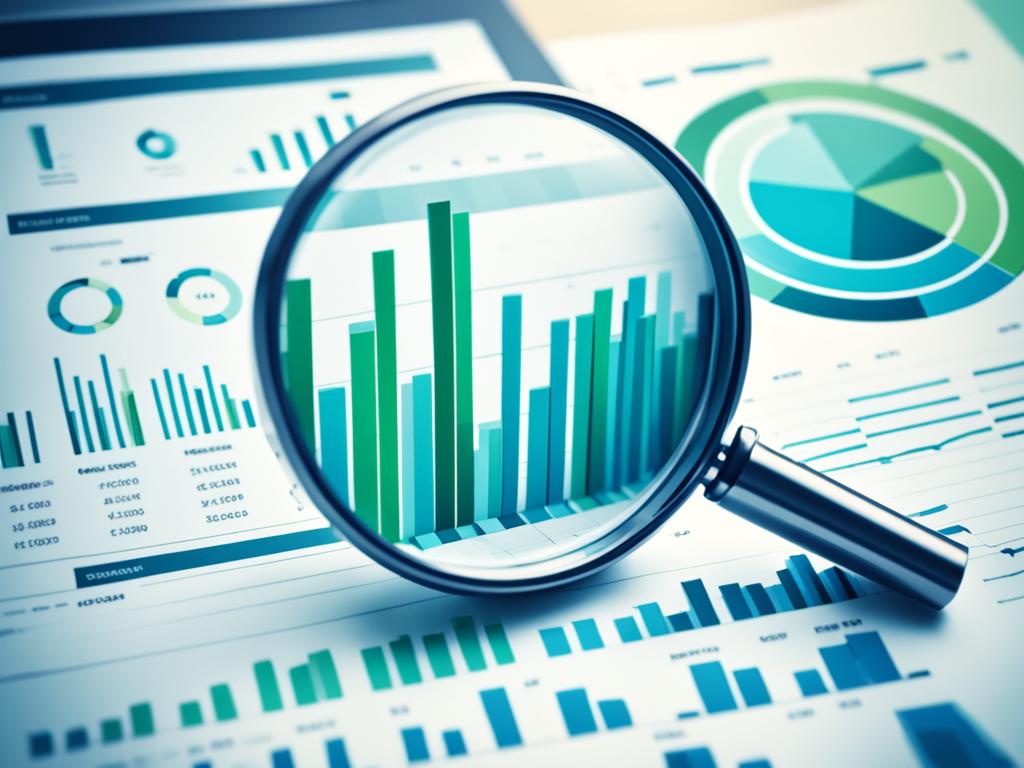 An image of data charts and graphs, overlaid with a magnifying glass to emphasize the detailed analysis. The colors are muted tones of blue and green conveying a sense of professionalism and reliability. The image have an overall sleek and modern feel to it, with clean lines and minimalistic design elements.