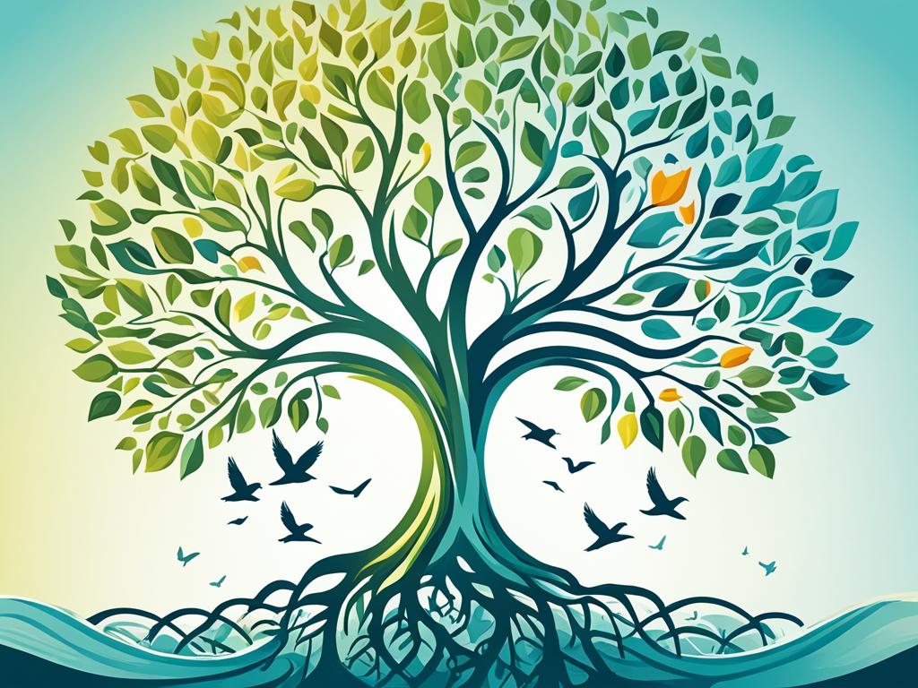 An abstract representation of mental health advice that includes elements of nature, like a tree with roots, a calm river or stream, and birds soaring in the sky. The image convey a sense of peace and tranquility while also representing the importance of nurturing your mental health like you would a growing tree or flowing river.