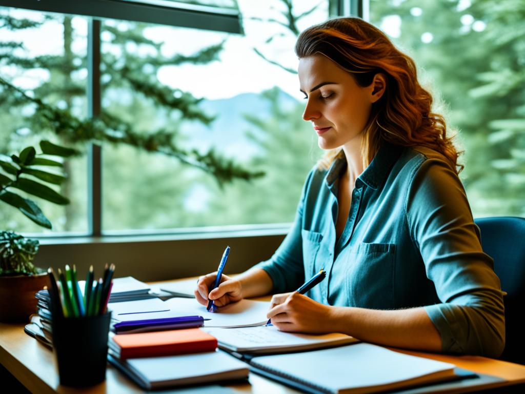 A lady sitting at a desk, surrounded by various journals and pens. She has a contemplative expression on her face as she write in one of the journals. Through the window in the background, you can see trees swaying in the wind, suggesting a peaceful and calming environment.