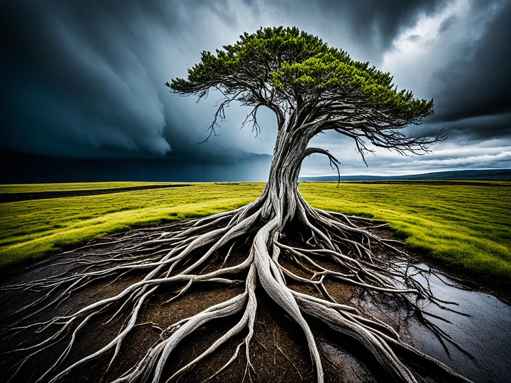 Mental Health: A lone tree standing tall amidst a stormy weather, with roots deeply anchored on the ground. The tree bends and sways with the strong winds, but never breaks nor falls down. It exudes an aura of resilience and inner strength despite the challenging environment.