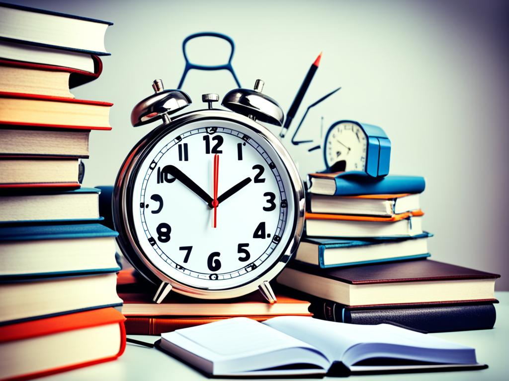 A clock with multiple hands pointing at different hours, with a pile of books and a notebook in the background. The clock hands represent different tasks or subjects to be studied, and the books and notebook convey the idea of organization and prioritization.