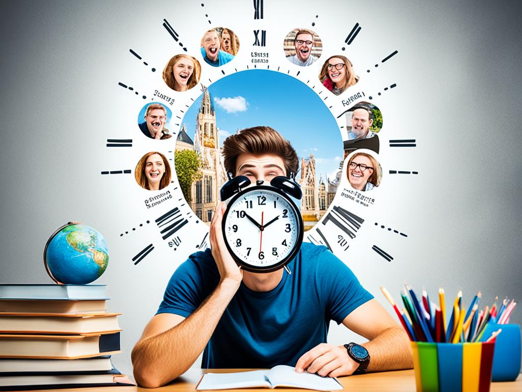 Time Management: A clock with a student studying on one side and having fun with friends on the other.