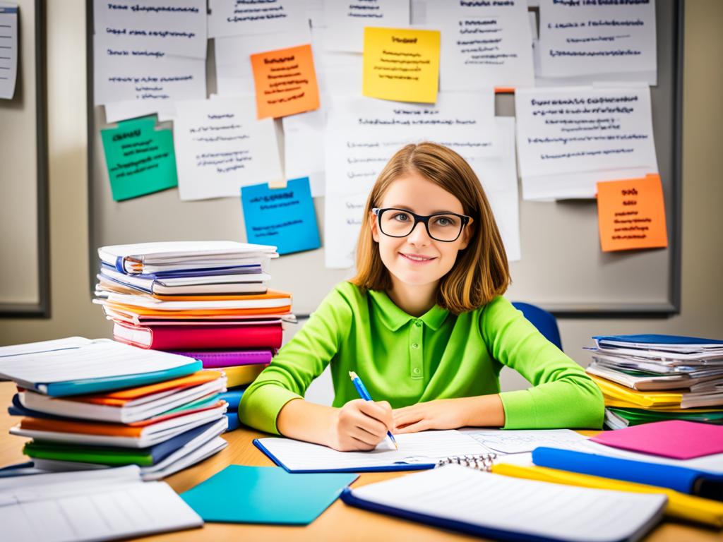 An image of a student sitting at a desk with a pile of various school-related tasks in front of them. The student is visually prioritizing the tasks, such as sorting them into different piles or categorizing them by urgency. The student is  making notes and using a planner to help with the task prioritization process. The overall tone of the image is focused and productive.