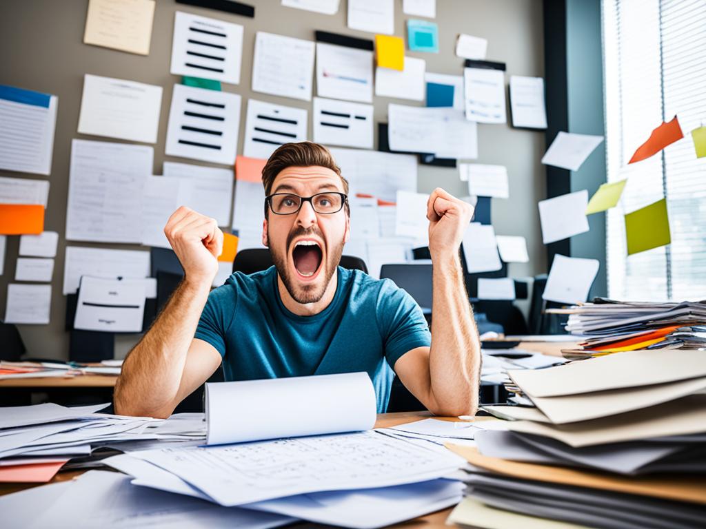 An image of a man on glasses screaming while surrounded with books and study materials