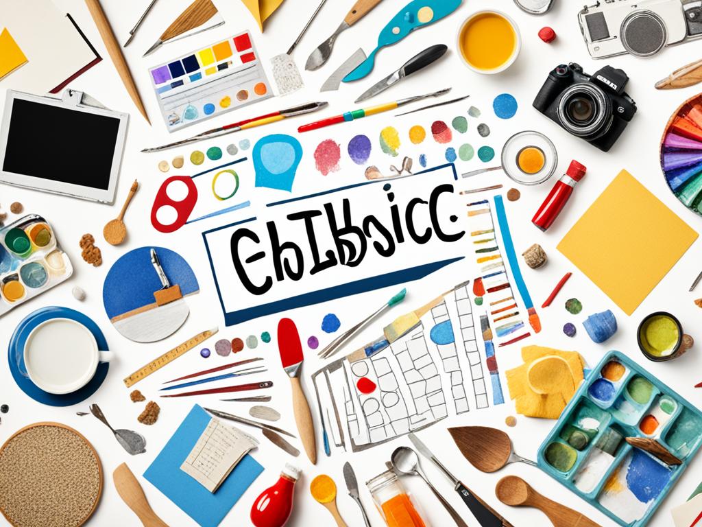 A collage of various objects and materials that represent different interests and hobbies, such as a paintbrush for art, a cookbook for culinary arts, a camera for photography, etc. Surrounding the collage are graphic representations of different self-assessment tools, such as multiple choice quizzes, personality tests, and skill assessments.