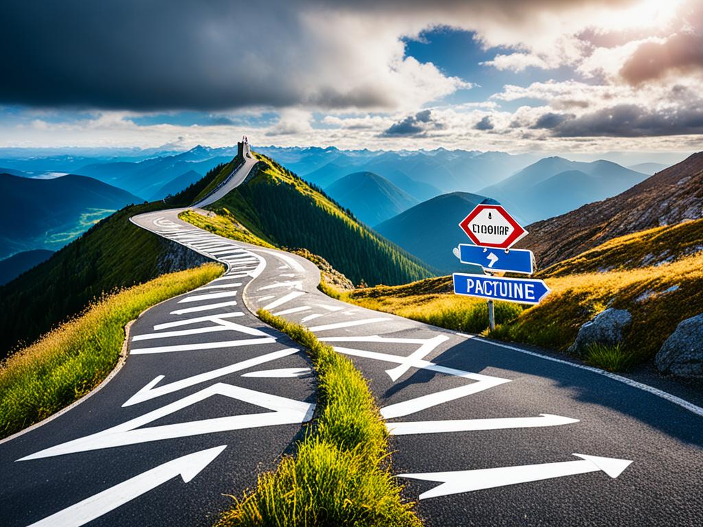 A winding road leading up a mountain, with various signs pointing in different directions. Each sign represents a different path of profession, including medicine, technology, arts, and education. The top of the mountain is obscured by clouds, representing the endless possibilities and opportunities available to those who choose a path and keep climbing towards success.