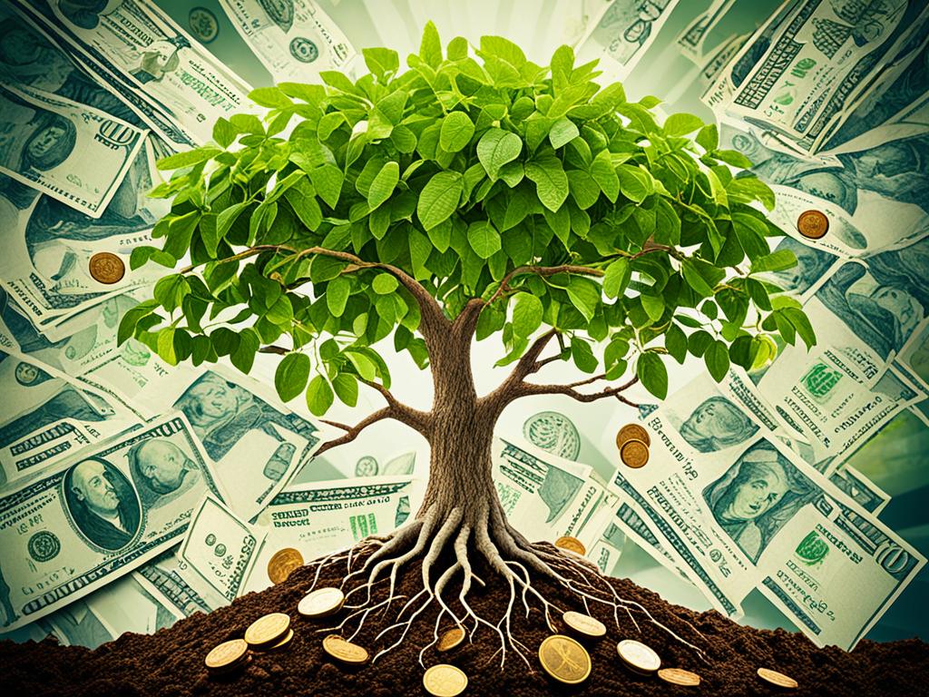 A tree growing tall with roots firmly planted in soil, surrounded by coins and banknotes of varying sizes.