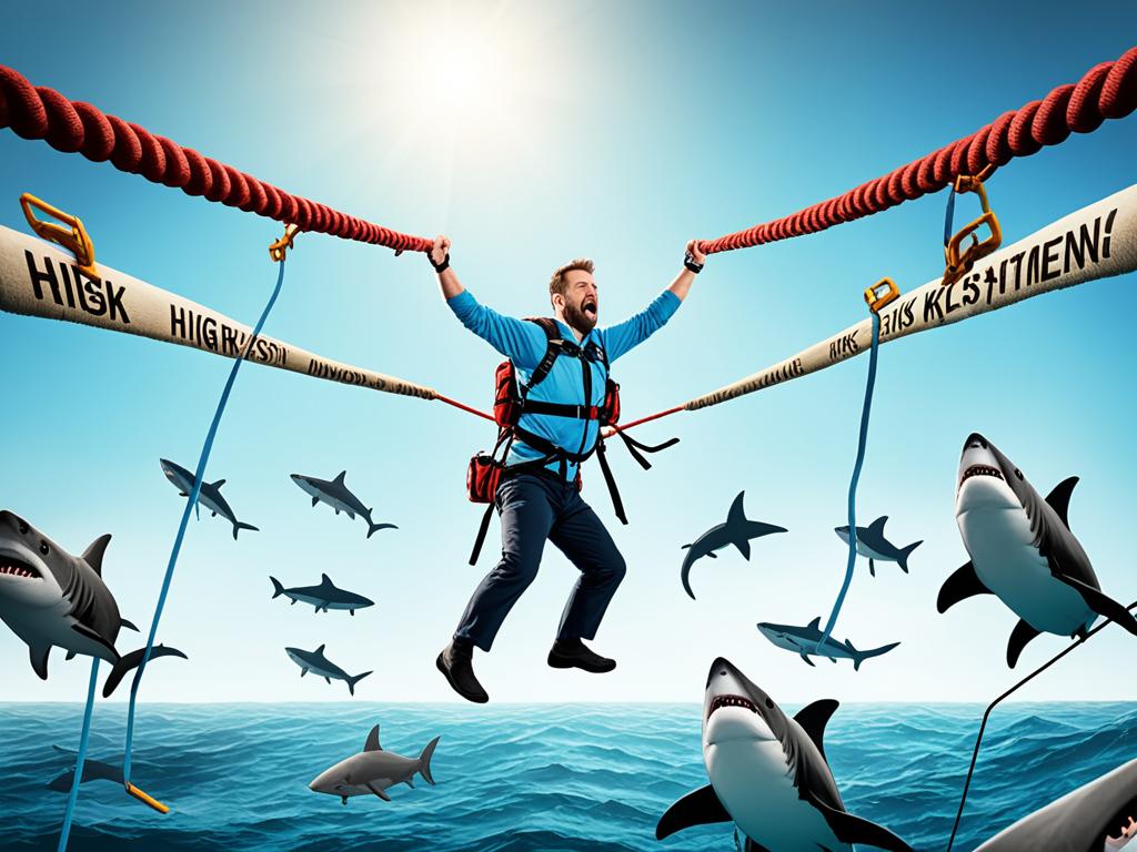 An image of a man balancing on a tightrope, with one end labeled "high-risk investments" and the other end labeled "low-risk investments". Below the tightrope is a sea of sharks representing risky investments, while on the sides are calm waters representing safer investments. The man has a safety harness and is holding a net to catch any falling money.