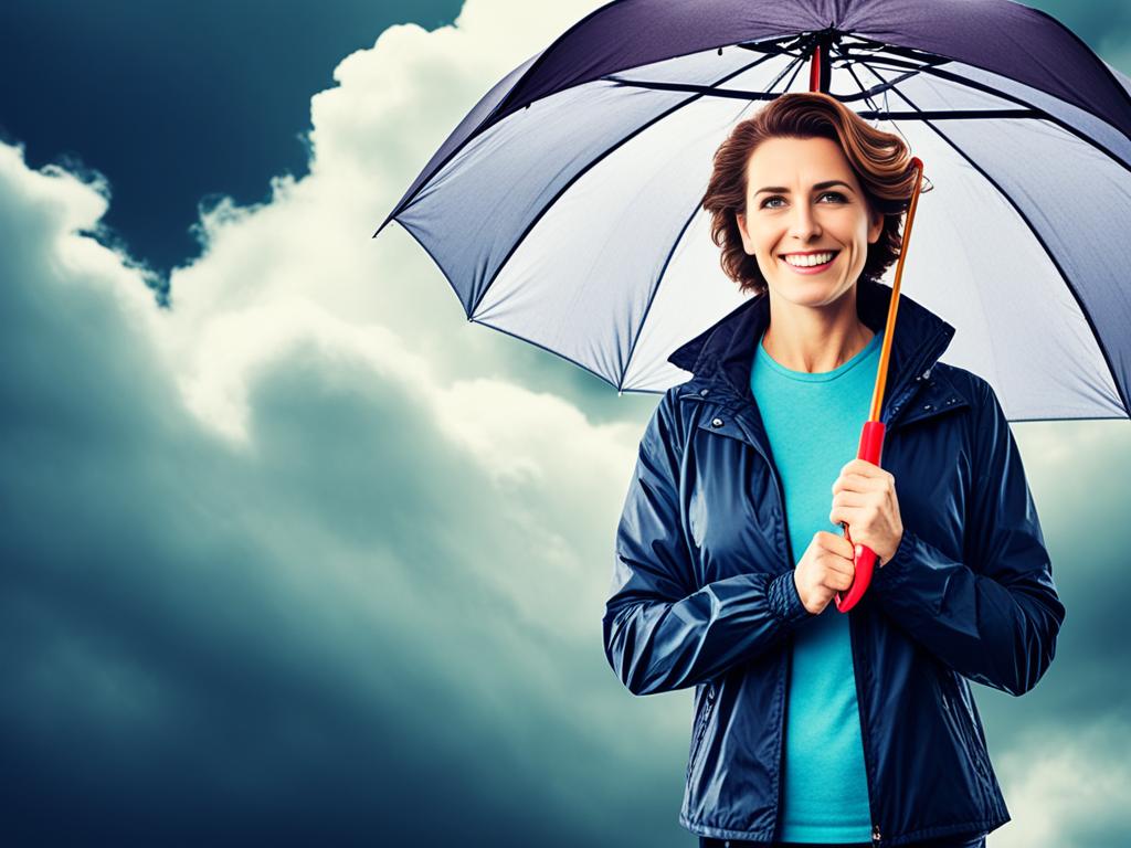 An image of a lady holding an umbrella with a cloudy background. The lady is be happy and standing confidently, indicating that she has an emergency fund to protect her from unexpected financial storms. The umbrella is hanging over her shoulder as a symbol of preparedness. She is also be dressed in casual clothes to represent the everyday person who can benefit from having an emergency fund.