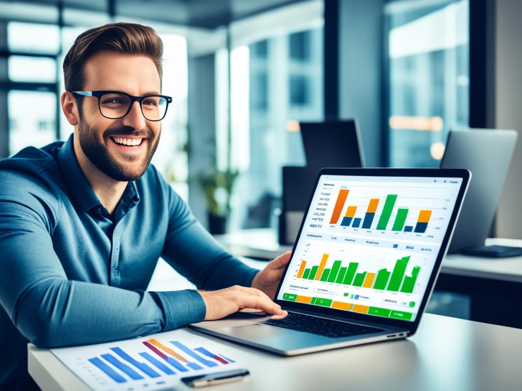 An image of a man using digital tools to track their expenses. He is sitting at a desk with a laptop in front of him. The laptop screen shows a finance app with graphs and charts. The man has a happy expression on his face, indicating he is taking control of his finances. In front of the man is paperwork, neatly filed in folders. The overall tone of the image is organized, efficient, and professional.