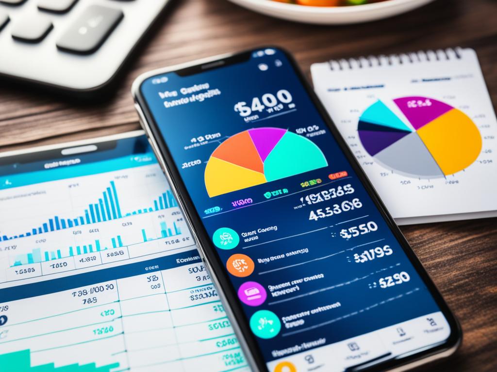 A smartphone screen displaying colorful graphs and charts related to spending and savings, with budgeting app icons visible in the background. The graph highlights how budgeting apps can help individuals manage their money better.