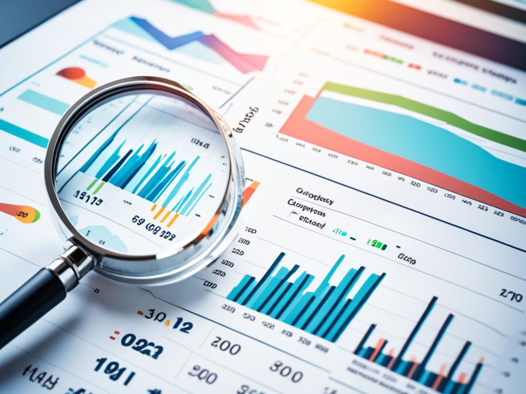 An array of charts and graphs, displaying colorful lines and bars representing different financial categories. Above the visuals, a magnifying glass zooms in on a specific data point, highlighting its importance in the overall picture of the user's finances. In the background, a clock is visible, representing the user's ability to track their expenses over time and make informed financial decisions.