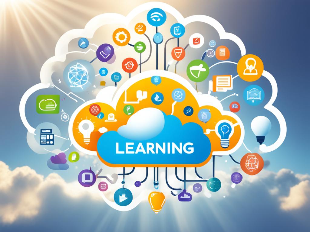 A digital world of learning tools floating on a cloud, with icons representing various educational software, such as simulations, interactive courses, quizzes, and study aids. The cloud is surrounded by a glow of knowledge, and a beam of light shines down on the center icon, symbolizing the potential for growth and advancement through technology.