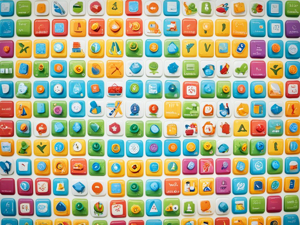 A collection of colorful and playful educational games arranged in a neat and organized grid, with each game represented by their respective icons. Brightly colored buttons labeled with words like "Mathematics," "Science," and "Language Arts" are prominently displayed, indicating the various subjects covered by the apps. The scene is bathed in a warm, welcoming glow, suggesting that learning can be fun and exciting.