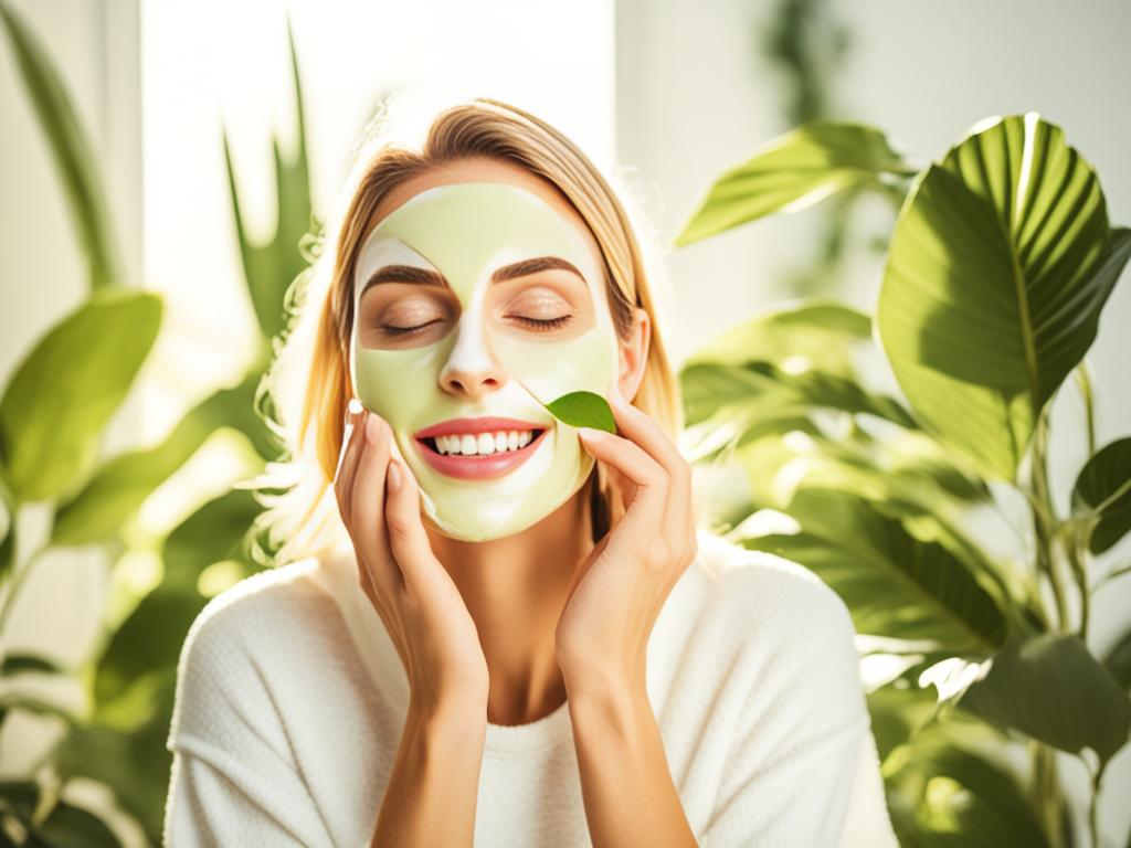 Beauty: A woman applying a nourishing face mask made of natural ingredients like honey, avocado, and oatmeal. She is sitting in a peaceful and serene environment surrounded by plants and flowers. The sunlight is casting a soft glow on her face, highlighting her radiant and youthful skin.