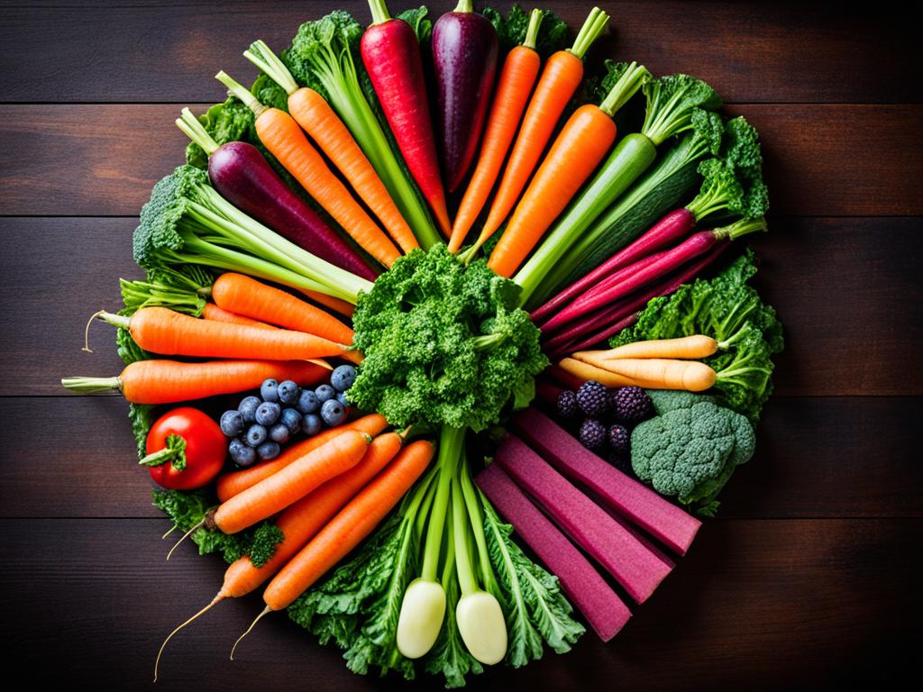 A variety of colorful fruits and vegetables arranged in a circular pattern, with each item labeled with its specific superfood benefits. Bright orange carrots for their beta-carotene, leafy green kale for its high vitamin C content, red and juicy strawberries for their antioxidants, and deep purple beets for their skin-cleansing abilities. The image conveys a sense of vibrancy and natural goodness, inviting viewers to embrace a whole foods approach to skincare.