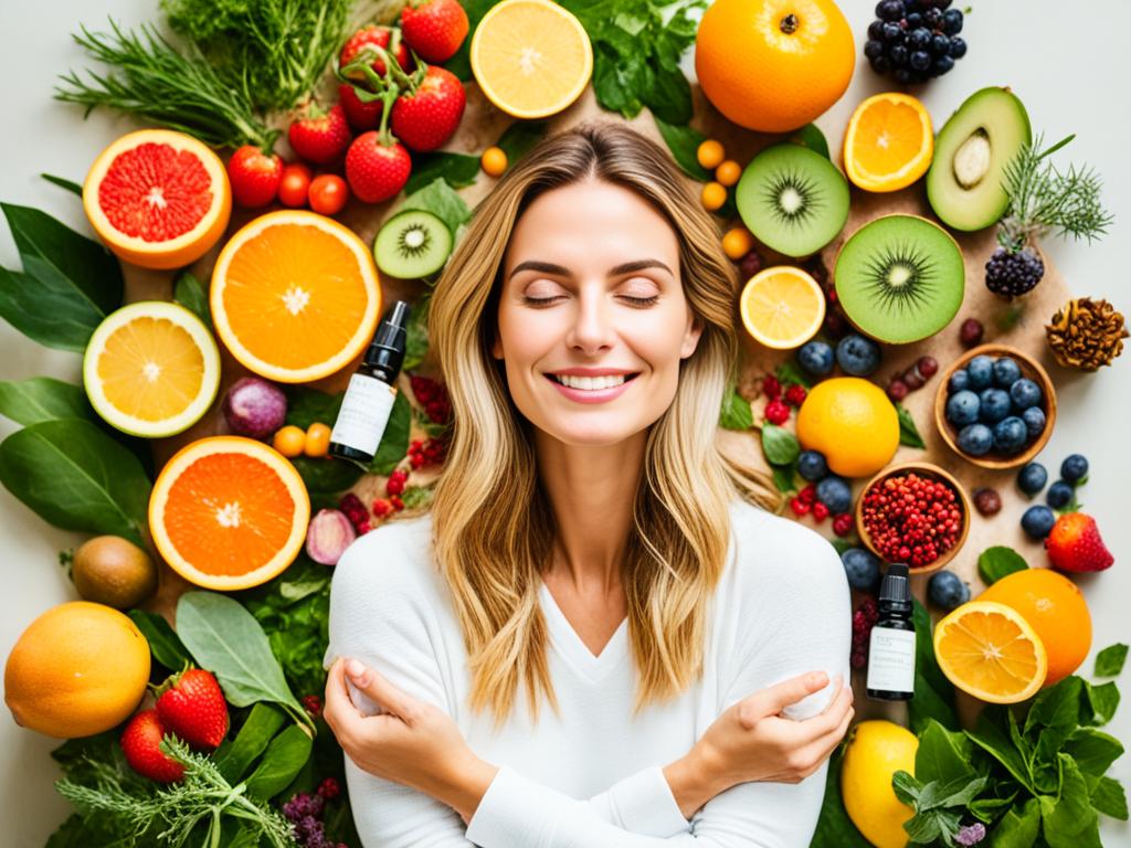 A woman lying down surrounded by various natural elements, such as fruits, vegetables, herbs, and flowers. Her face is glowing and radiant, as if she has just completed a nourishing skincare routine using only these natural remedies. The colors are warm and vibrant, giving a sense of vitality and rejuvenation.