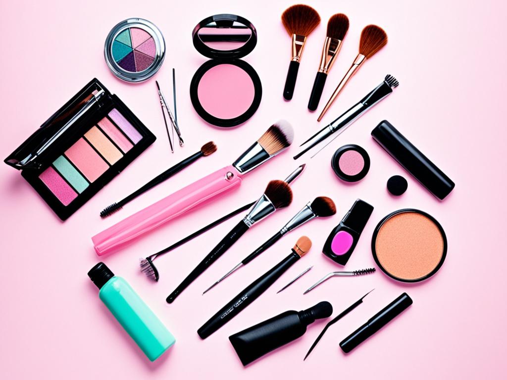 An image of the essential tools for beginners to begin their makeup journey. It includes items such as brushes, sponges, eyelash curlers, tweezers, and a compact mirror. It shows how the tools are in a neat and organized manner to emphasize their importance. The image uses soft and pastel colours to give the image a feminine touch.