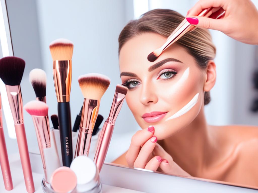 A hand holding a brush and applying blush on a cheek, with a reflection of a makeup palette in the mirror behind.