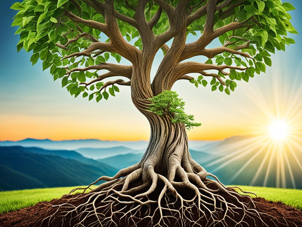 A tree with deep roots spreading across a landscape, symbolizing stability and growth. In the branches are different types of investments such as stocks, mutual funds, and property. In the background, there is a sunrise, representing the future outlook and potential for returns on investments.