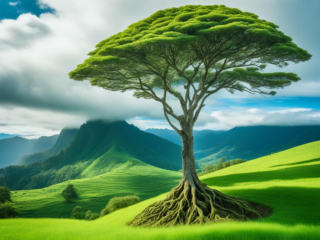 A lush green landscape stretching out as far as the eye can see, with a lone tree standing tall in the center. The tree is strong and sturdy, with deep roots firmly planted in the ground. Above it, the sky is clear and bright, with just a few wispy clouds passing by. In the distance, there are mountains rising up towards the horizon. The image conveys a sense of long-term growth and stability, with the tree representing a solid investment that will continue to bear fruit for years to come.