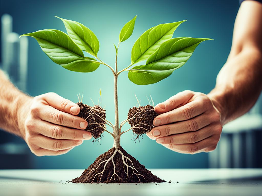 A horizontal image showing a pair of hands holding a plant with roots and stems. The plant is divided into three sections of different heights, representing short-term, medium-term, and long-term financial goals. The roots are firmly planted in rich soil, symbolizing a solid foundation for achieving these goals. The background has an abstract and futuristic feel to represent planning for the future.