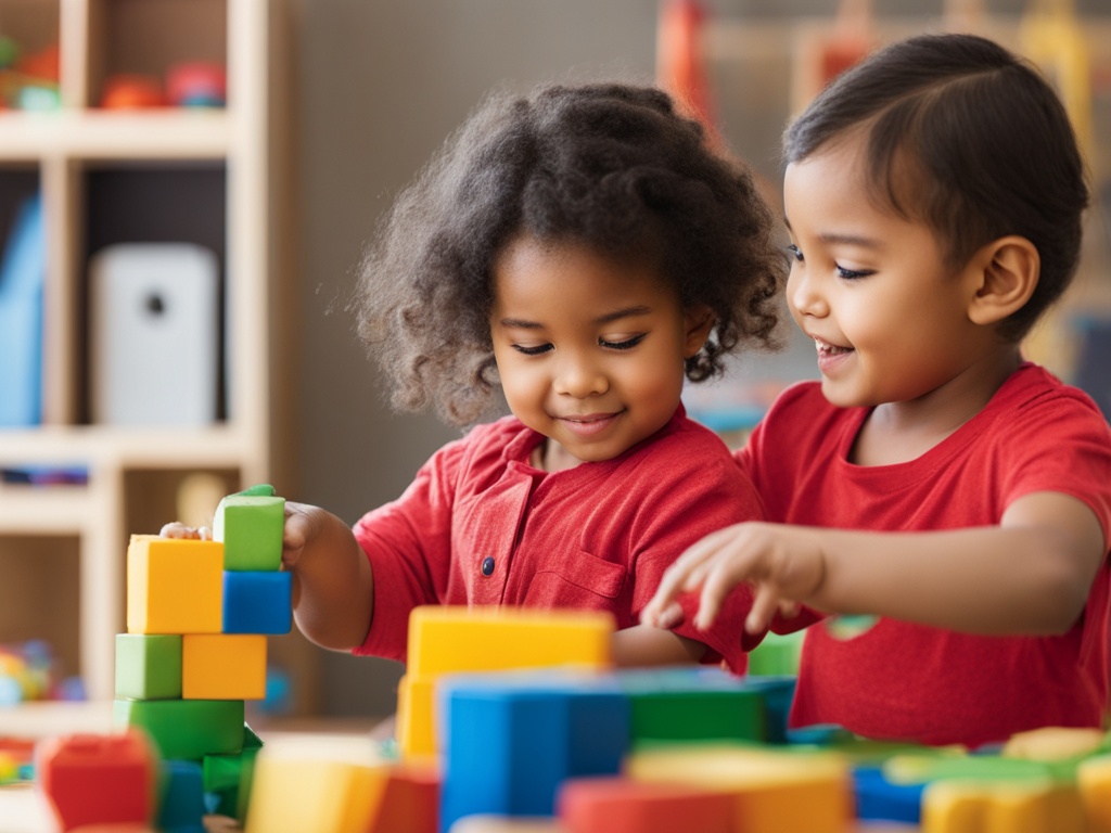 An image that captures the joy and wonder of children engaged in play-based learning activities, such as building with blocks. The image shows the children's faces full of excitement and curiosity as they learn through play. Bright colors and playful shapes are used to convey the sense of fun and exploration.