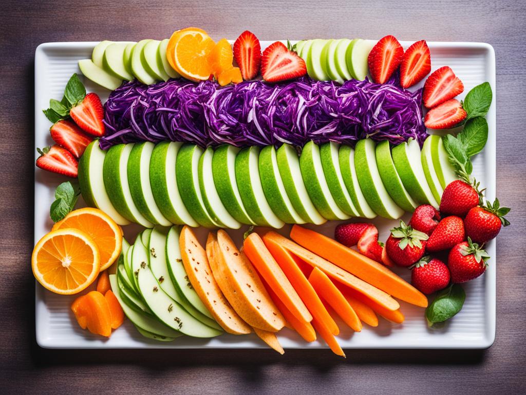 A colorful array of fresh fruits and vegetables, sliced and arranged in a visually appealing manner. There is a mix of textures and colors, such as crisp green apples next to sweet orange carrots, and juicy red strawberries alongside crunchy purple cabbage. The snacks are arranged on a clean white tray. The emphasis is on the natural beauty and variety of wholesome ingredients available for healthy snacking.