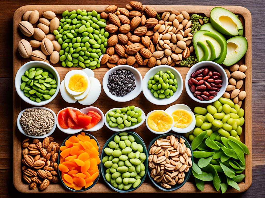 A colorful spread of protein-rich snacks, including nuts, seeds, edamame, boiled eggs, and turkey slices, arranged in an appealing way on a wooden platter. The snacks are arranged in a visually pleasing manner, with varying textures and colors. The background is simple but complementary with a neutral surface. The lighting is bright and natural, highlighting the colors and textures of the snacks.